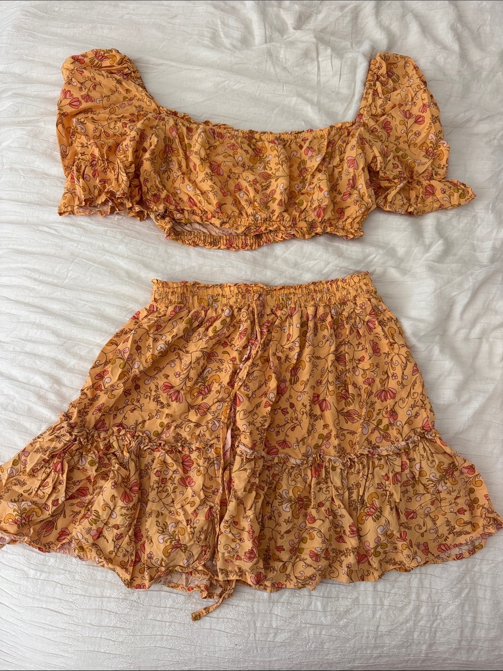 Women’s Orange Floral Ruffled Crop Top & Skirt Set